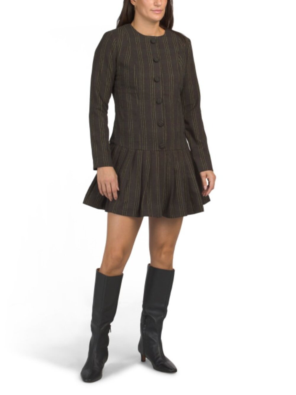 ALEXIA ADMOR Wool Blend Long Sleeve Drop Waist Mini Dress With Pleated Skirt